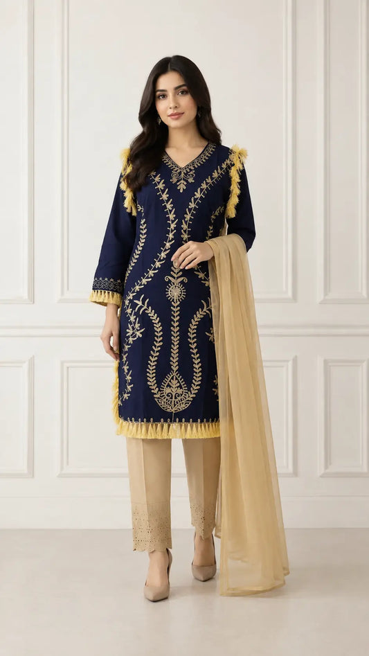 3 Pcs Women's Stitched Linen Hand Embroidered Suit