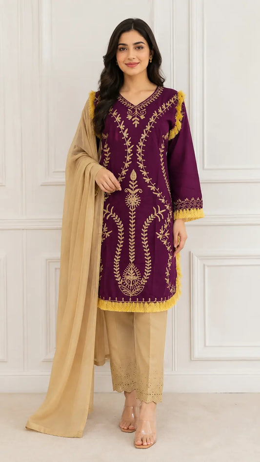 3 Pcs Women's Stitched Linen Hand Embroidered Suit