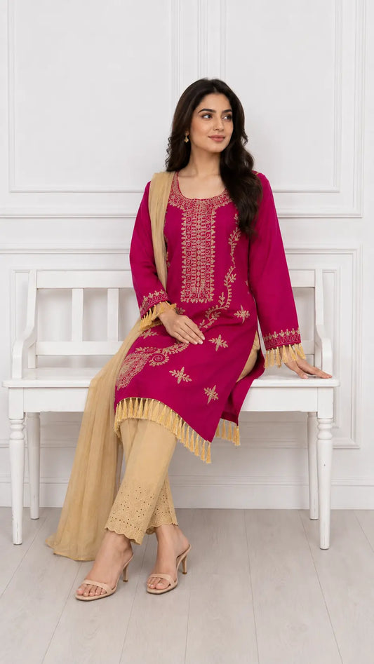 3 Pcs Women's Stitched Linen Hand Embroidered Suit