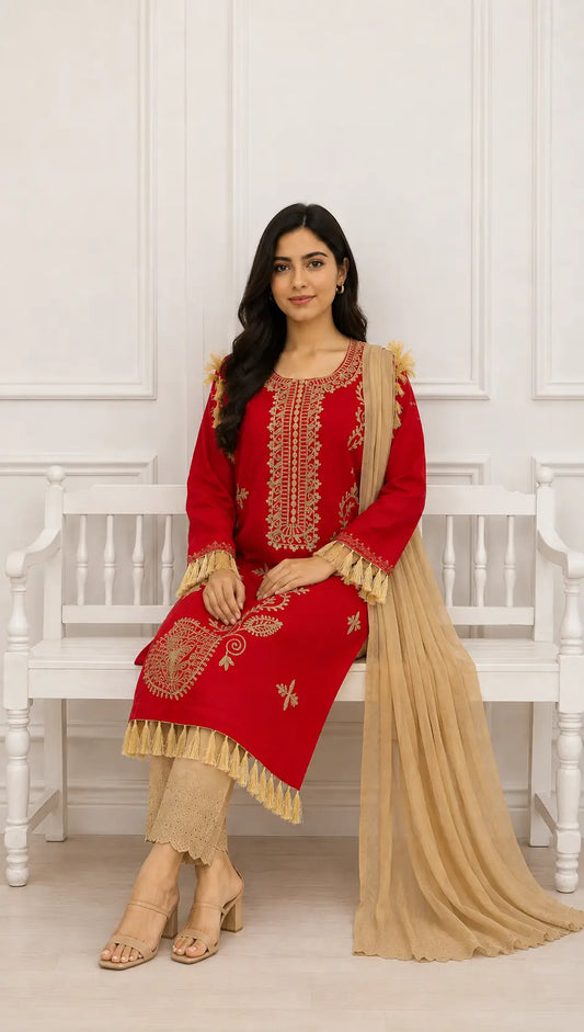 3 Pcs Women's Stitched Linen Hand Embroidered Suit