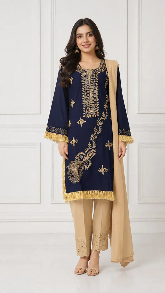 3 Pcs Women's Stitched Linen Hand Embroidered Suit