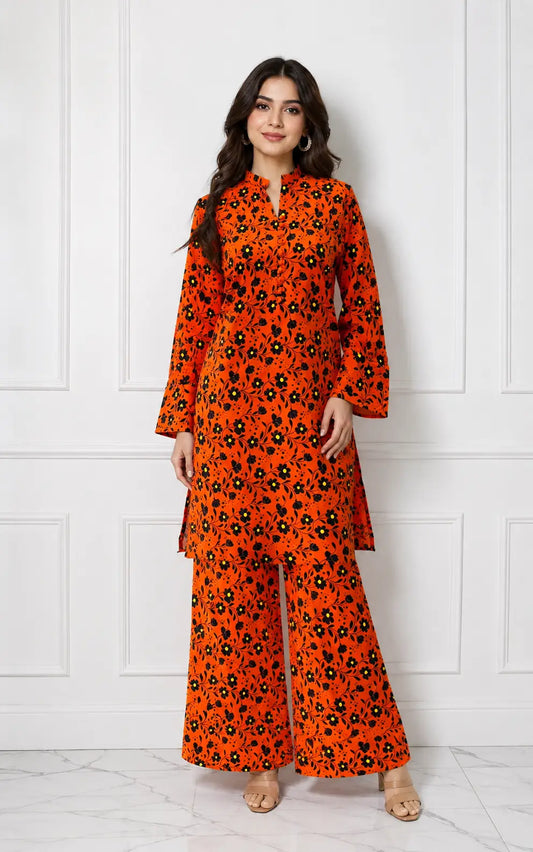 2 Pcs Women's Stitched winter Cotton Printed Long Shirt And Trouser