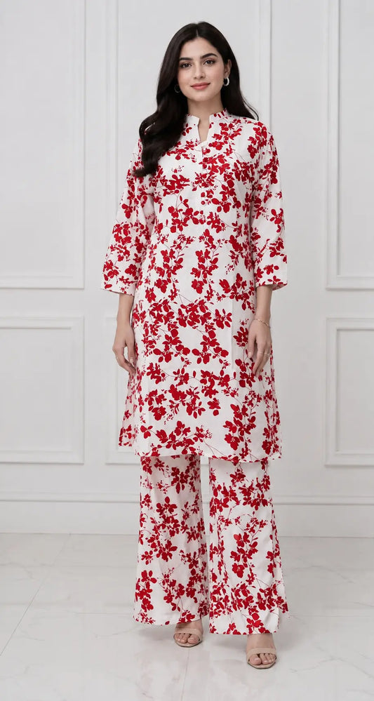 2 Pcs Women's Stitched winter Cotton Printed Long Shirt And Trouser