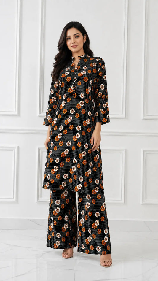 2 Pcs Women's Stitched winter Cotton Printed Long Shirt And Trouser
