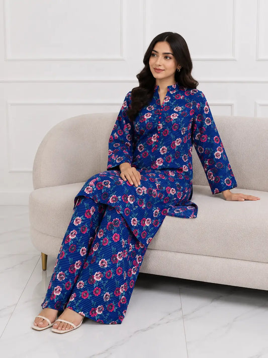 2 Pcs Women's Stitched winter Cotton Printed Long Shirt And Trouser