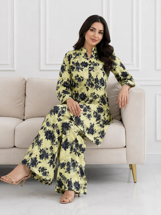2 Pcs Women's Stitched winter Cotton Printed Long Shirt And Trouser