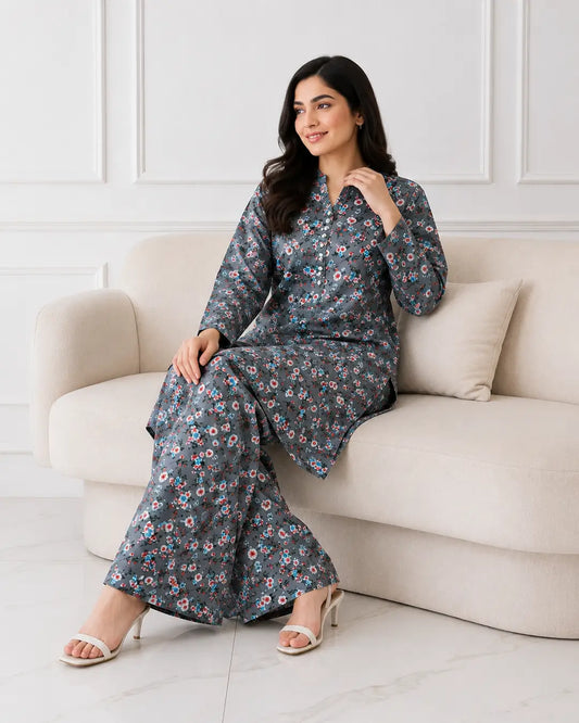 2 Pcs Women's Stitched winter Cotton Printed Long Shirt And Trouser