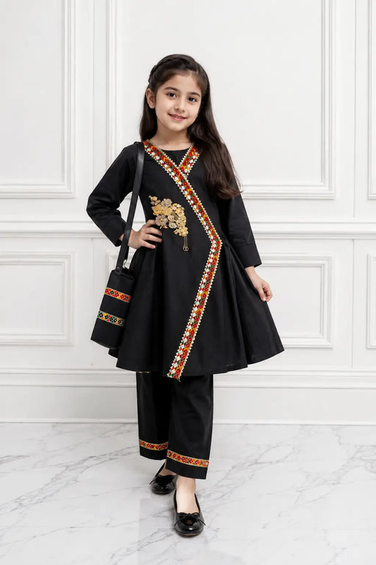 2 Pcs Girl's Cotton Embroidered Frock And Trouser Set