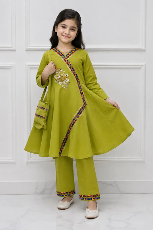 2 Pcs Girl's Cotton Embroidered Frock And Trouser Set