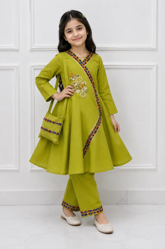 2 Pcs Girl's Cotton Embroidered Frock And Trouser Set