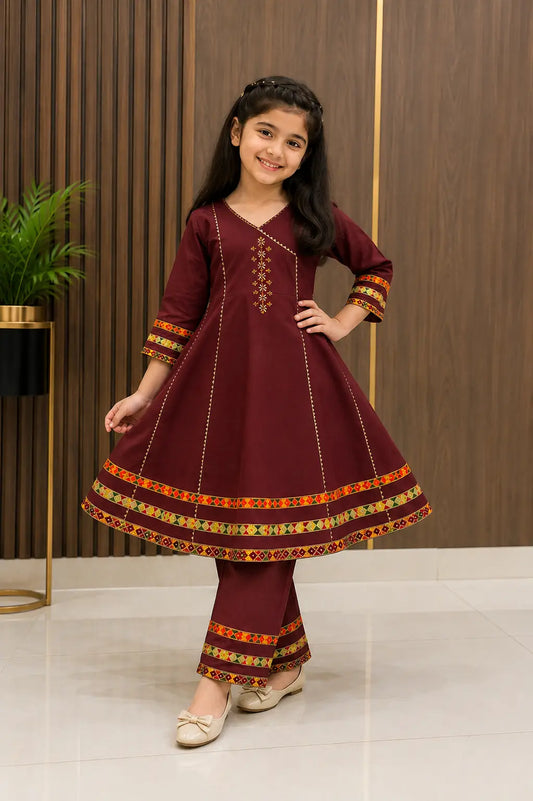 2 Pcs Girl's Cotton Embroidered Frock And Trouser Set
