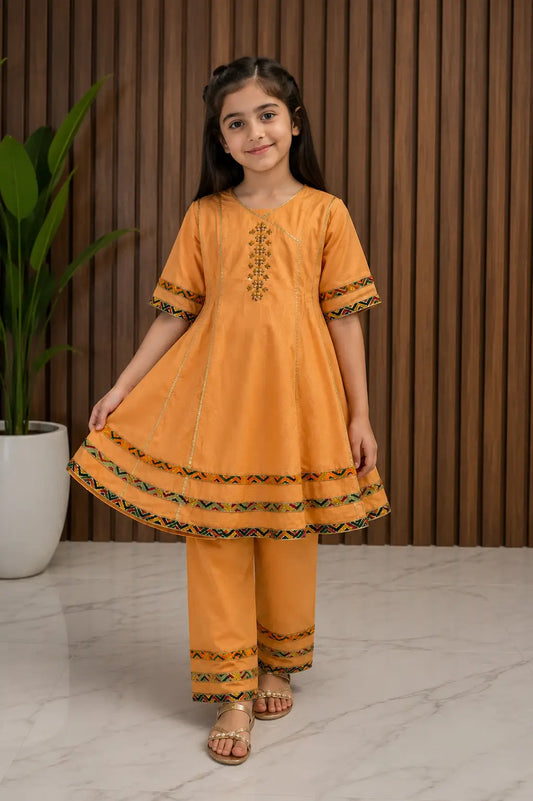 2 Pcs Girl's Cotton Embroidered Frock And Trouser Set