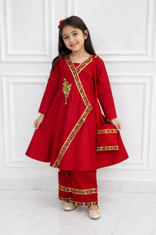 2 Pcs Girl's Cotton Embroidered Frock And Trouser Set