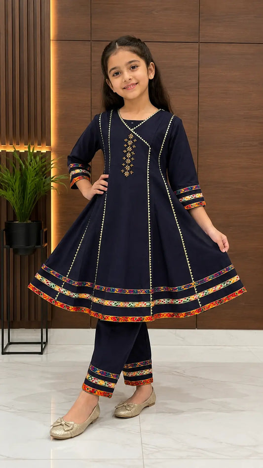 2 Pcs Girl's Cotton Embroidered Frock And Trouser Set