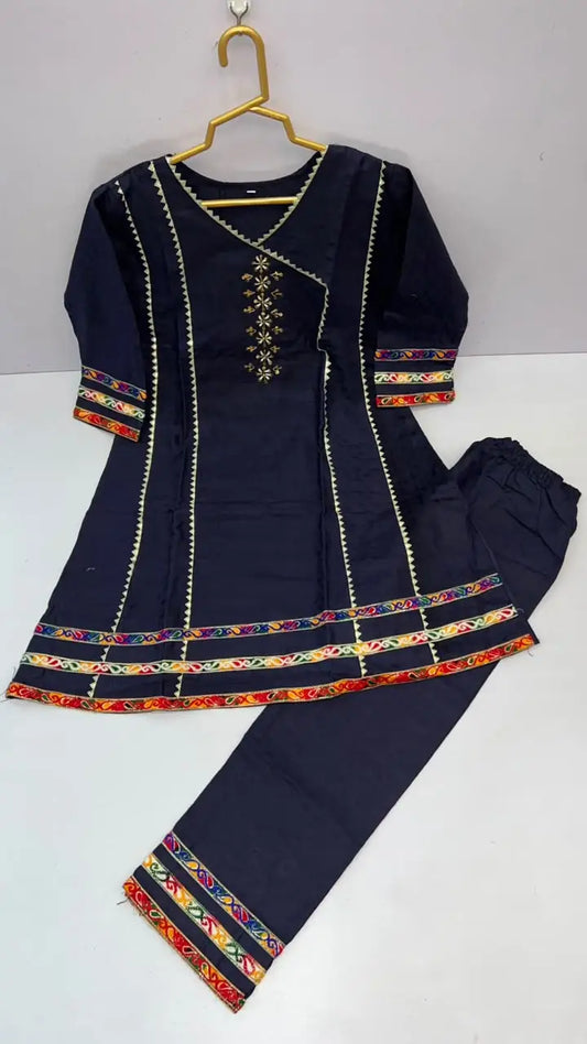 2 Pcs Girl's Cotton Embroidered Frock And Trouser Set