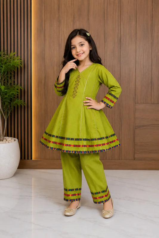 2 Pcs Girl's Cotton Embroidered Frock And Trouser Set