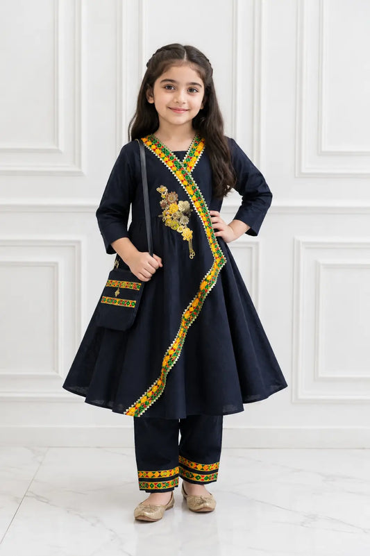 2 Pcs Girl's Cotton Embroidered Frock And Trouser Set