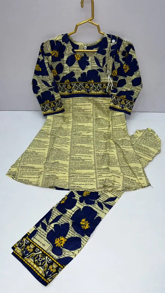 2 Pcs Girl's Linen Printed Frock And Trouser Set