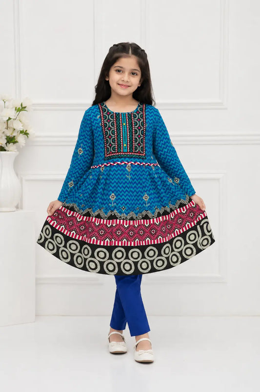 2 Pcs Girl's Linen Printed Frock And Trouser Set