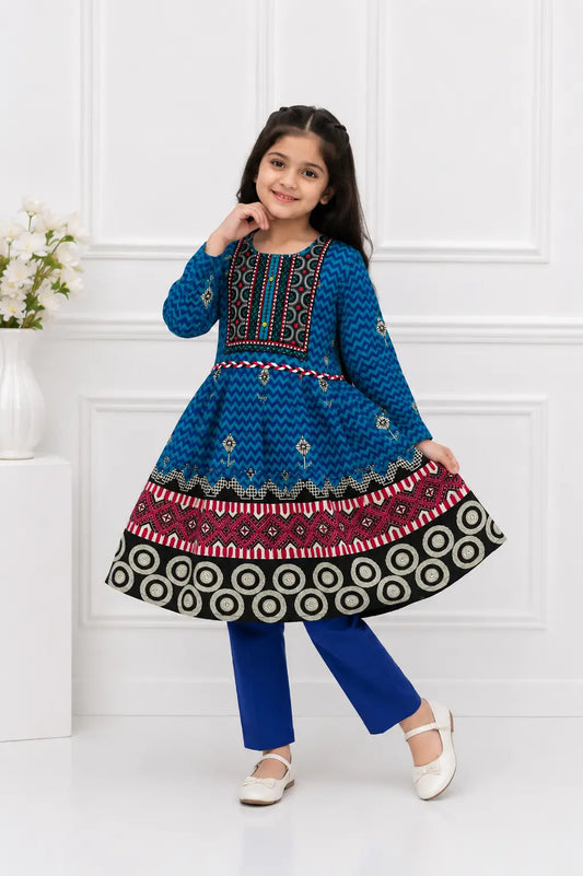 2 Pcs Girl's Linen Printed Frock And Trouser Set