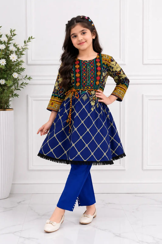 2 Pcs Girl's Linen Printed Frock And Trouser Set