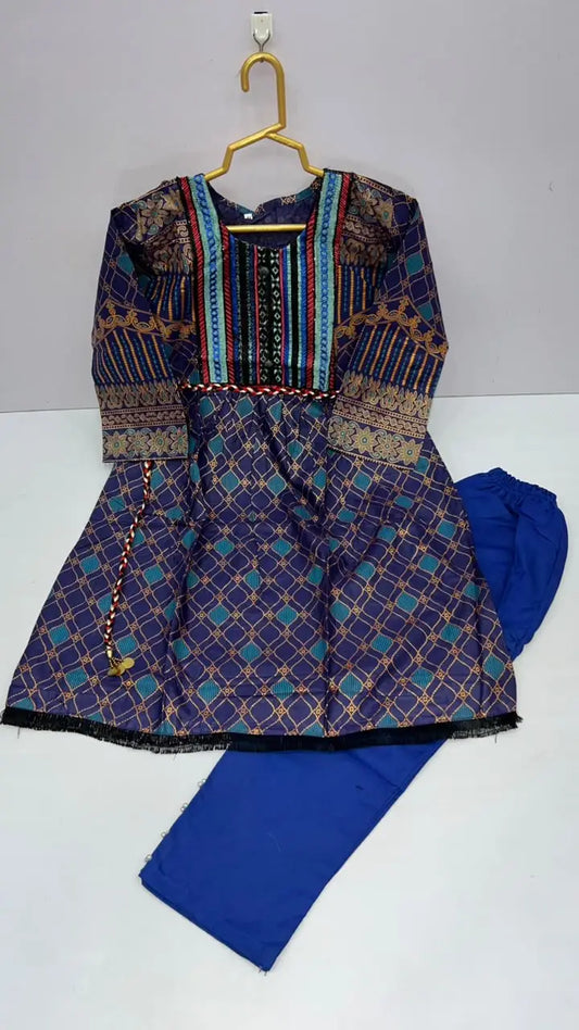 2 Pcs Girl's Linen Printed Frock And Trouser Set