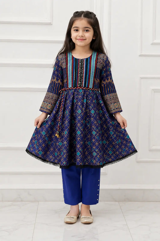 2 Pcs Girl's Linen Printed Frock And Trouser Set