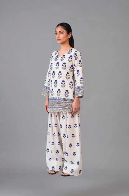 2 Pcs Women's Stitched Cotton Lawn Block Printed Shirt And Farshi Shalwar
