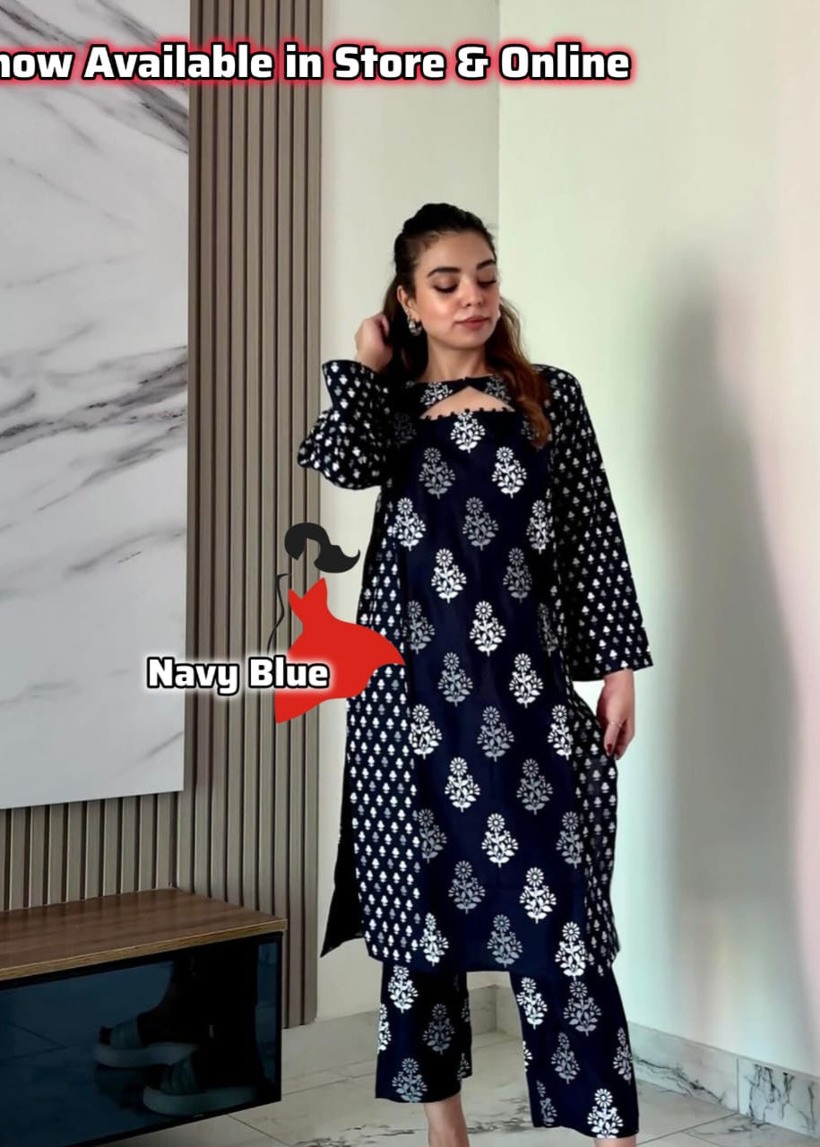Elegant Summer Linen Bangoli Design 2-Piece set offer Price 1299 (Neavy Blue)