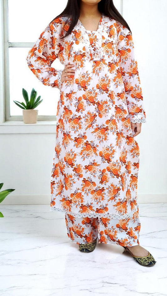 Cotton 2-Piece Stitched Set with Elegant Lace Detailing – Long Length Outfit
