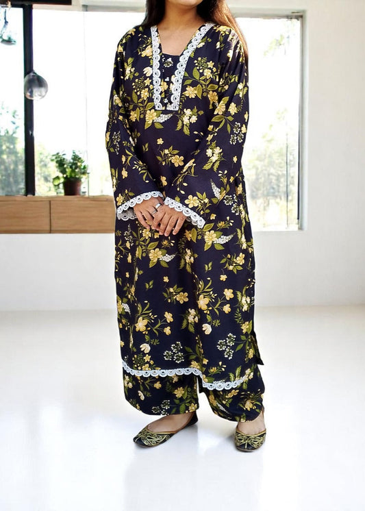 Cotton 2-Piece Stitched Set with Elegant Lace Detailing – Long Length Outfit