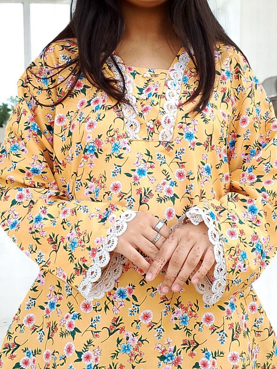 Cotton 2-Piece Stitched Set with Elegant Lace Detailing – Long Length Outfit