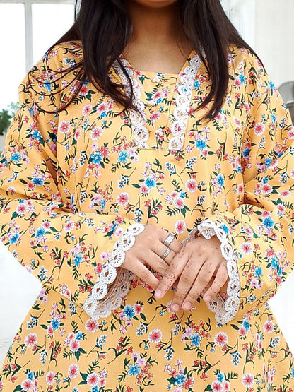 Cotton 2-Piece Stitched Set with Elegant Lace Detailing – Long Length Outfit