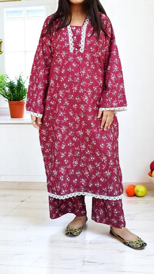 Cotton 2-Piece Stitched Set with Elegant Lace Detailing – Long Length Outfit (01)