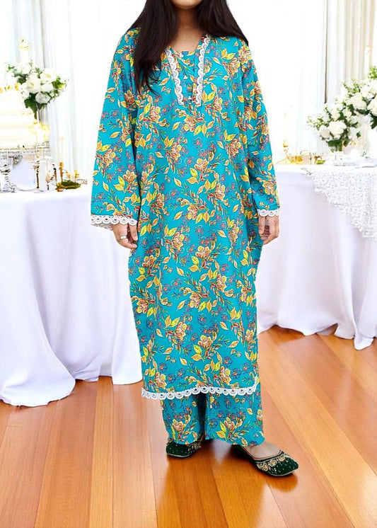 Cotton 2-Piece Stitched Set with Elegant Lace Detailing – Long Length Outfit