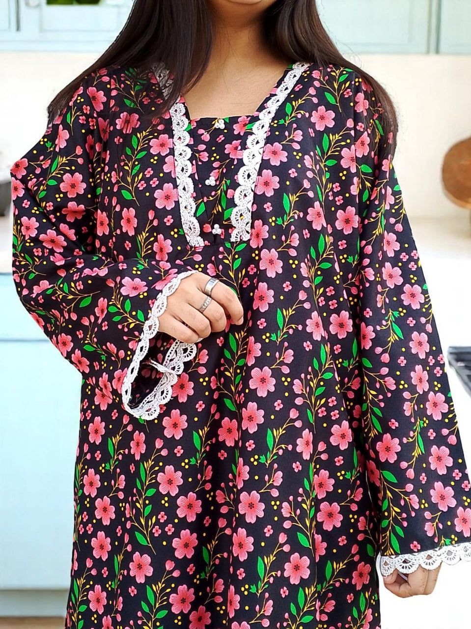 Cotton 2-Piece Stitched Set with Elegant Lace Detailing – Long Length Outfit