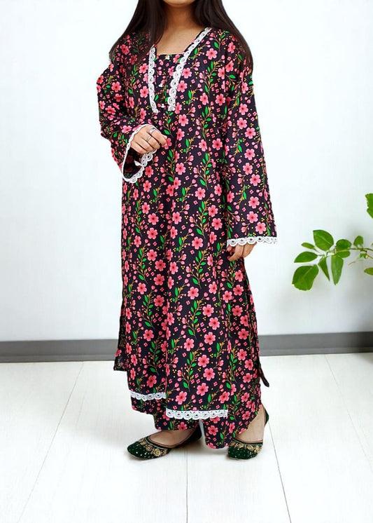 Cotton 2-Piece Stitched Set with Elegant Lace Detailing – Long Length Outfit
