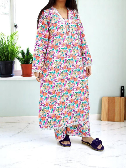 Cotton 2-Piece Stitched Set with Elegant Lace Detailing – Long Length Outfit
