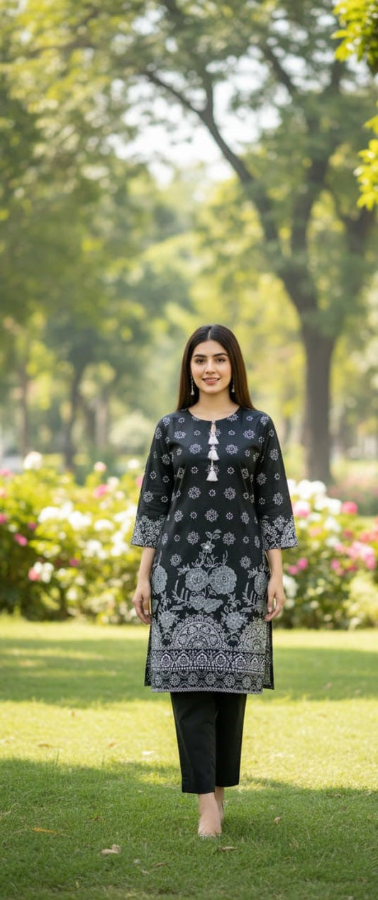 Steam Printed Linen 2-Piece Outfit for Girls (BLACK WHITE-3) (86)