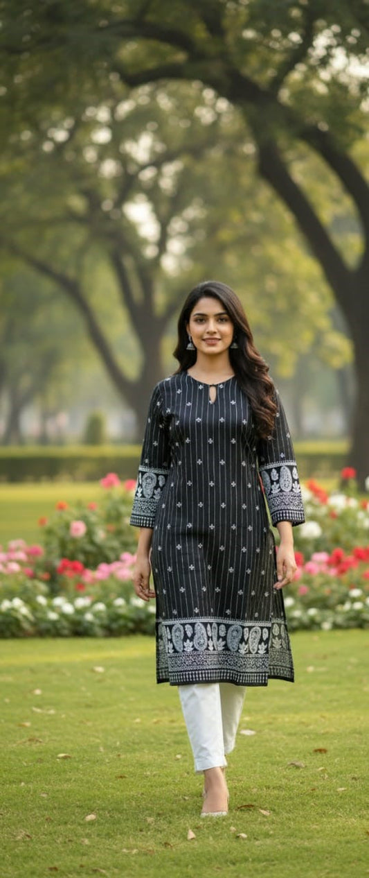 Steam Printed Linen 2-Piece Outfit for Girls (BLACK WHITE-4) (80)