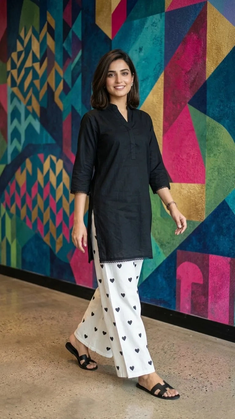 2PC Lawn Cotton Steam Printed Viral Heart Printed (Black)