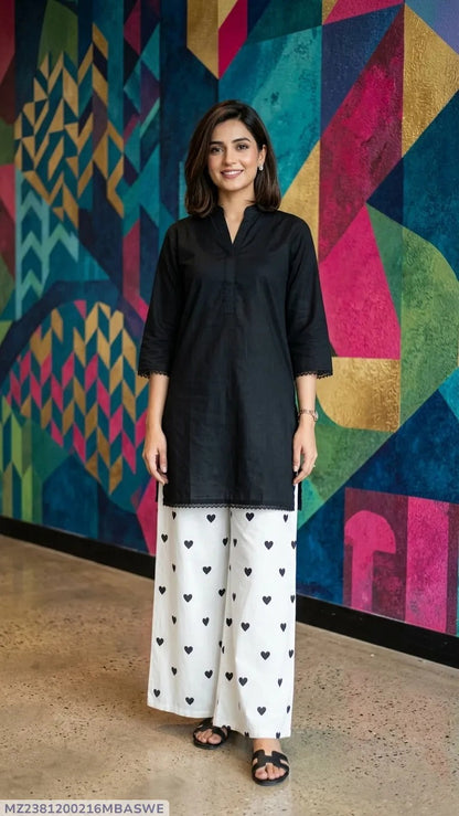 2PC Lawn Cotton Steam Printed Viral Heart Printed (Black)