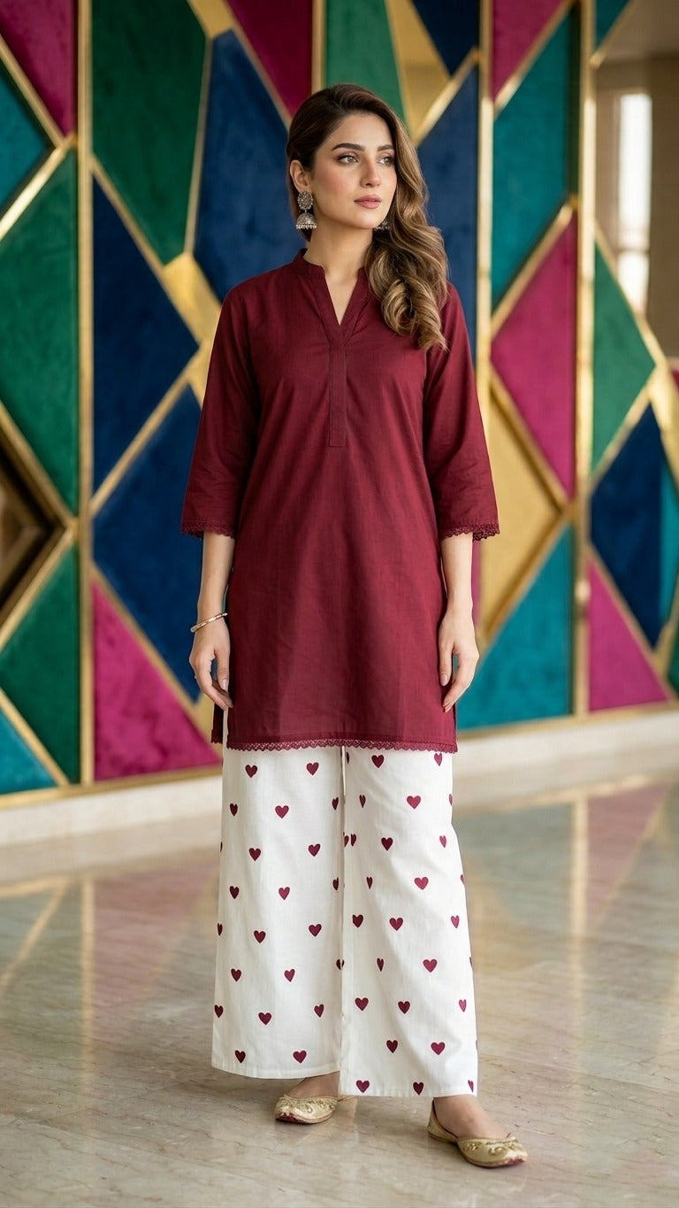 2PC Lawn Cotton Steam Printed Viral Heart Printed (Meroon)