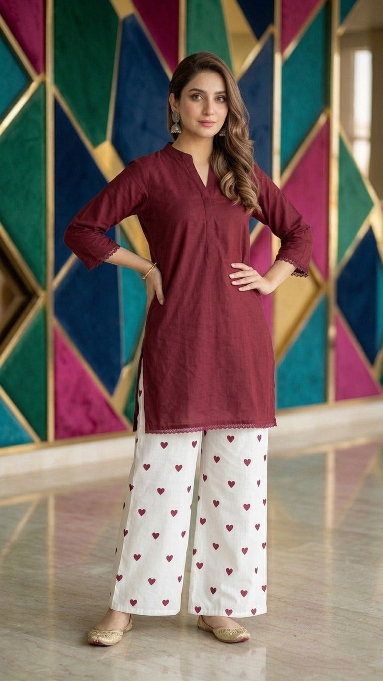 2PC Lawn Cotton Steam Printed Viral Heart Printed (Meroon)