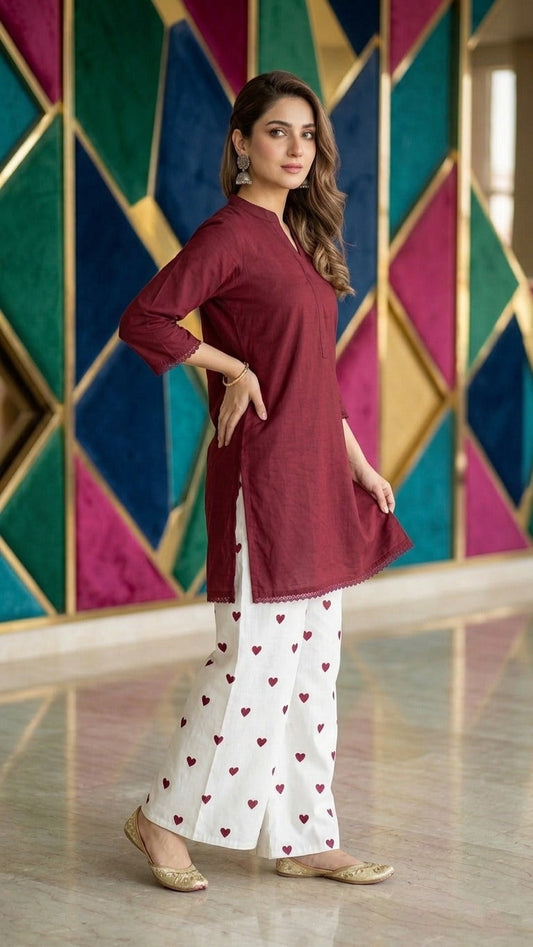 2PC Lawn Cotton Steam Printed Viral Heart Printed (Meroon)