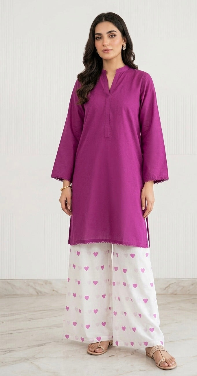 2PC Lawn Cotton Steam Printed Viral Heart Printed (Magenta)