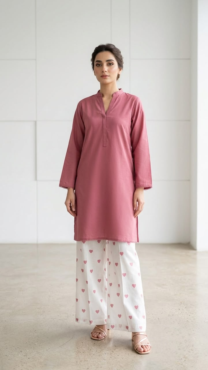 2PC Lawn Cotton Steam Printed Viral Heart Printed (Tea Pink)