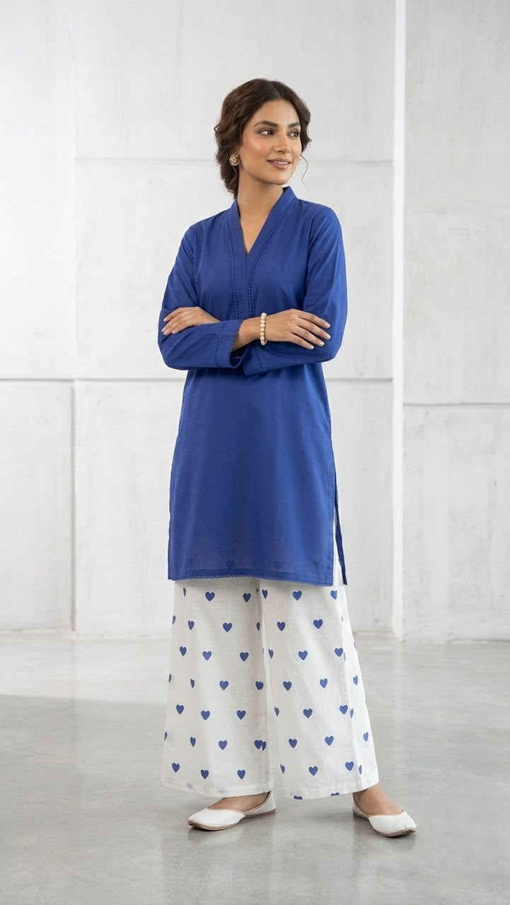 2PC Lawn Cotton Steam Printed Viral Heart Printed (Royal Blue)