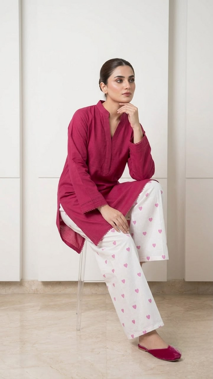 2PC Lawn Cotton Steam Printed Viral Heart Printed (Shoking Pink)