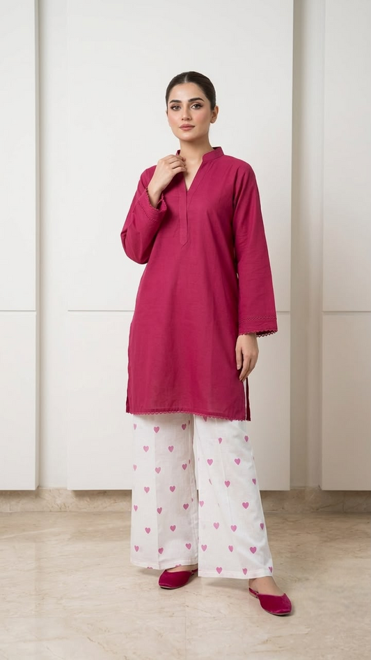 2PC Lawn Cotton Steam Printed Viral Heart Printed (Shoking Pink)